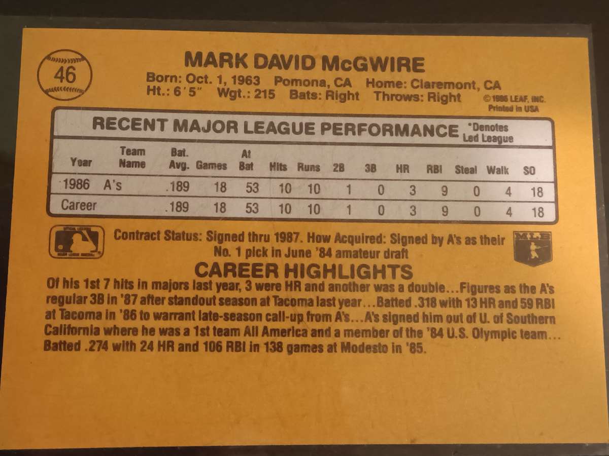 Mark McGwire 1987 Rated Rookie