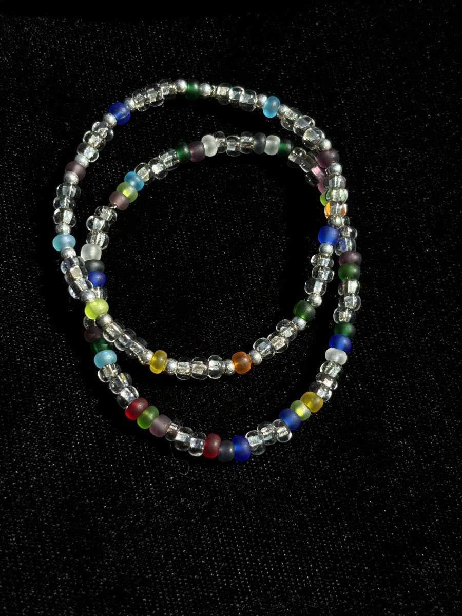 Handmade elastic rainbow and clear beaded bracelets