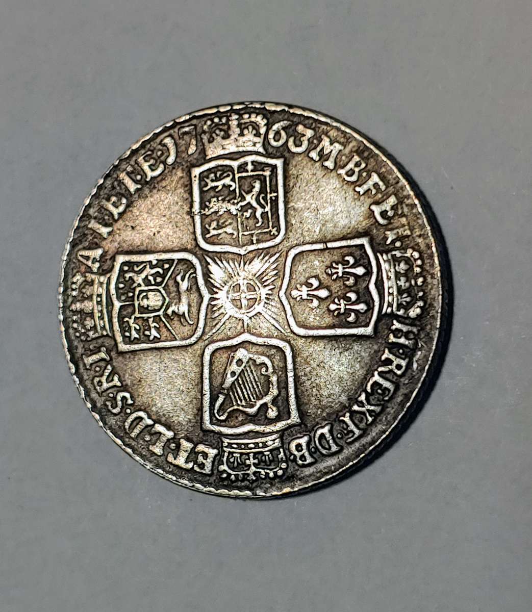 GREAT OLD NOVELTY 1763 BRITAIN SHILLING SILVER PL