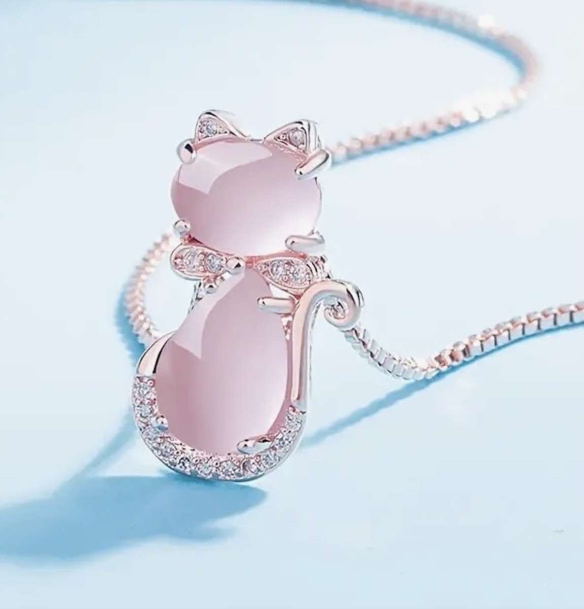 Pink Jade Jadeite Rose Gold Plate Cat Pendant Necklace