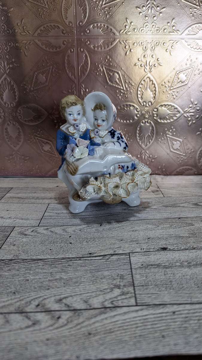 Antique Boy and Girl Reading a Large Bible Book