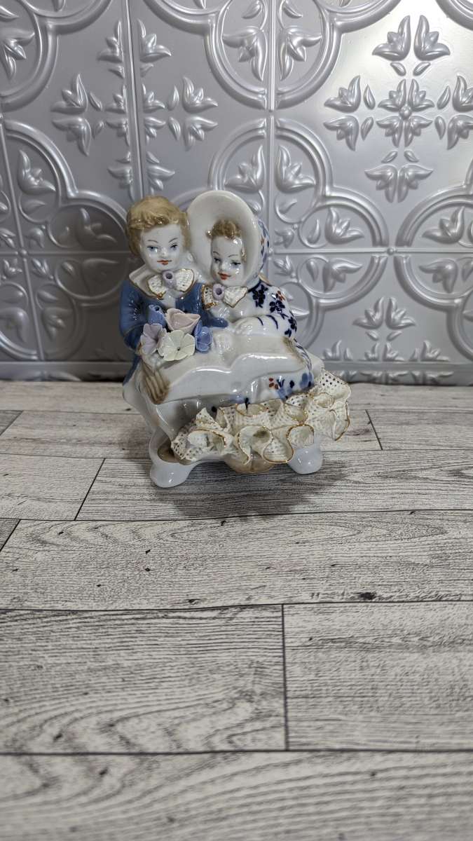 Antique Boy and Girl Reading a Large Bible Book