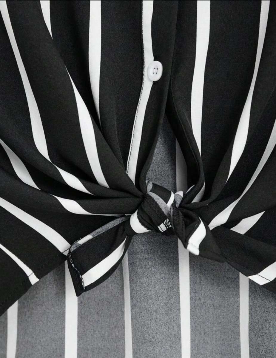 black and white Striped Print Batwing Sleeve Shirt