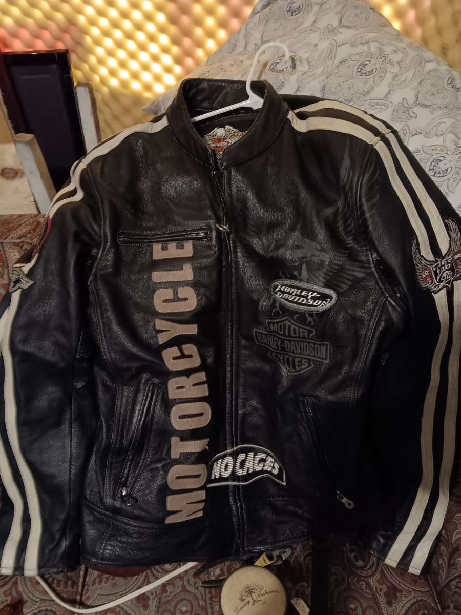 XXL tall Harley Davidson leather jacket with chaps helmet