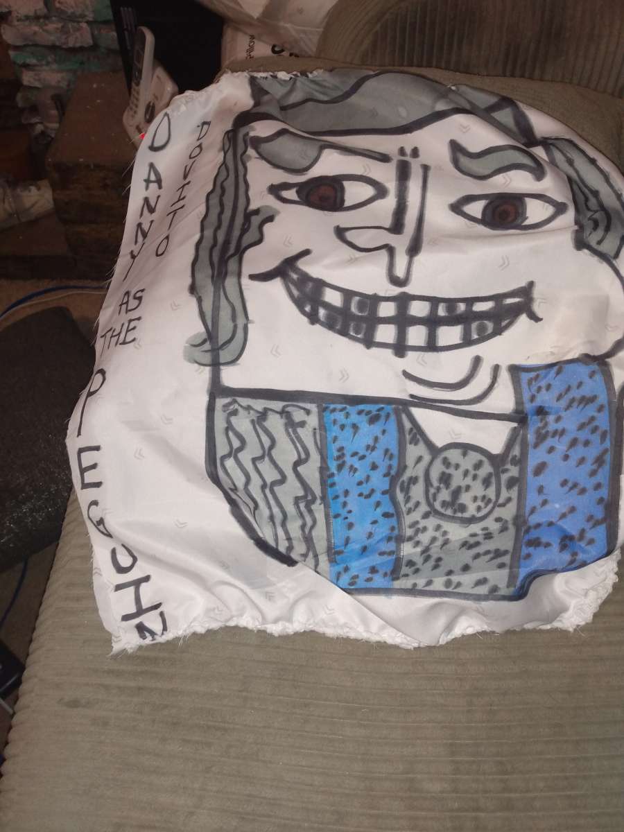 homemade cartoon pillows and wall hangings