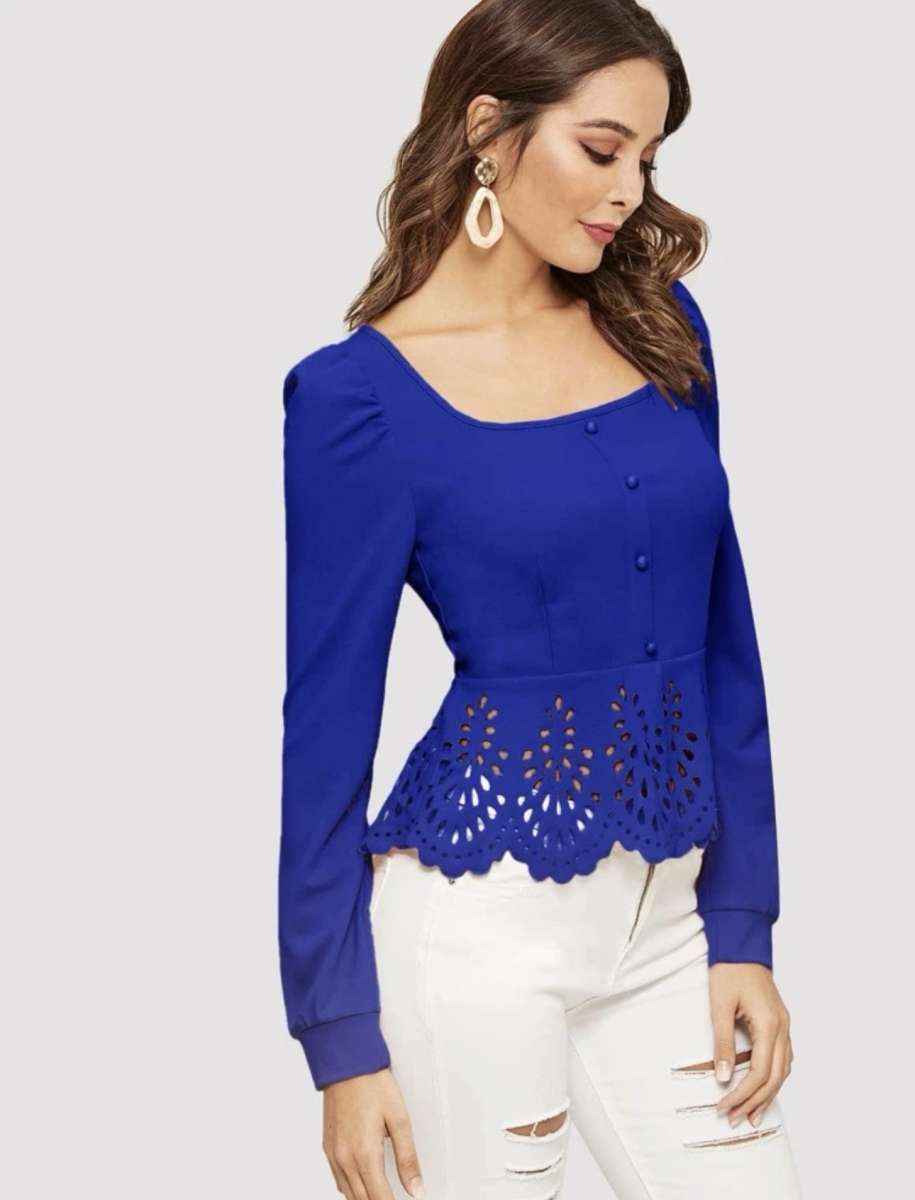 Buttoned Front Laser Cut Hem Puff Sleeve Top