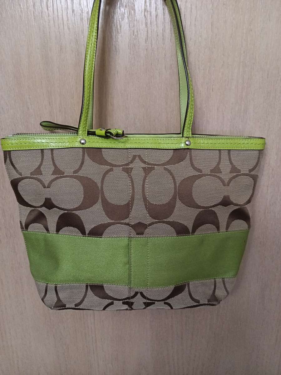 Coach Green leather and beige canvas