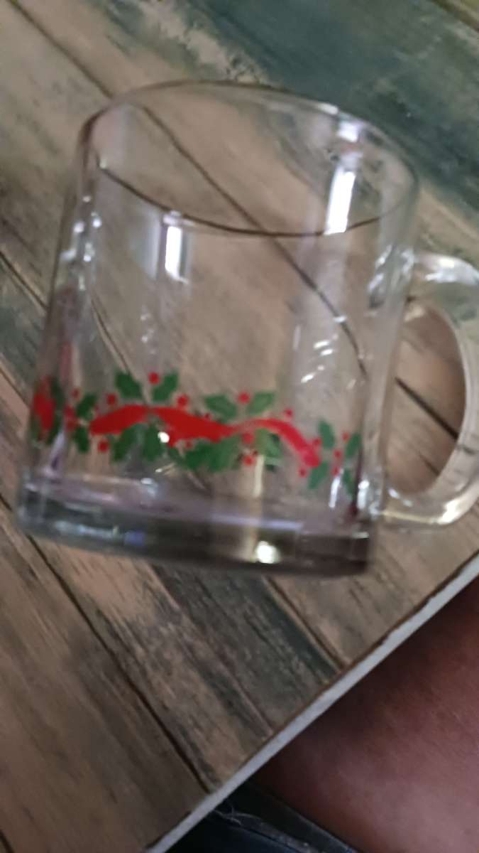 vintage clear gold rimmed mug with Holly berries