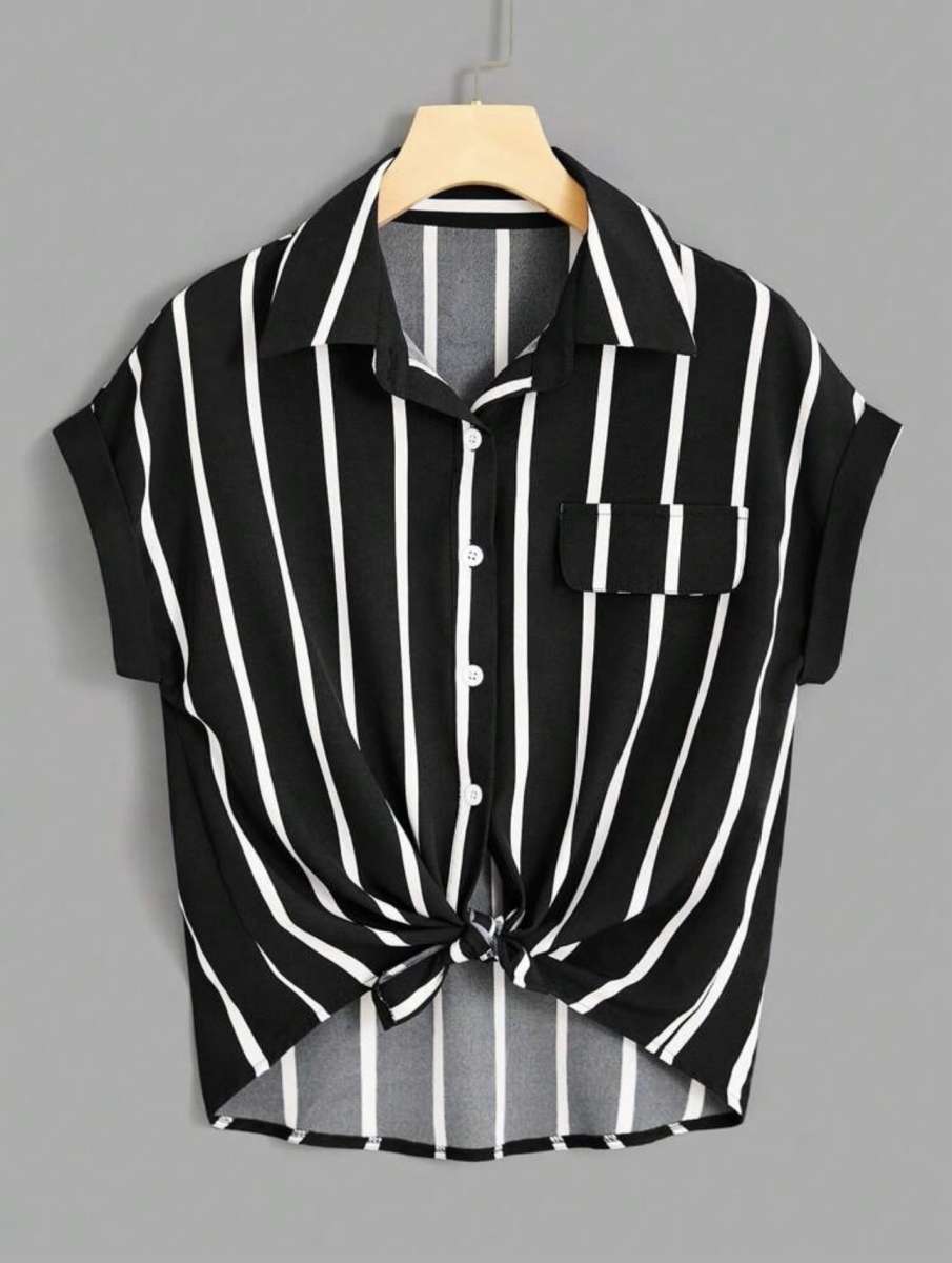 black and white Striped Print Batwing Sleeve Shirt
