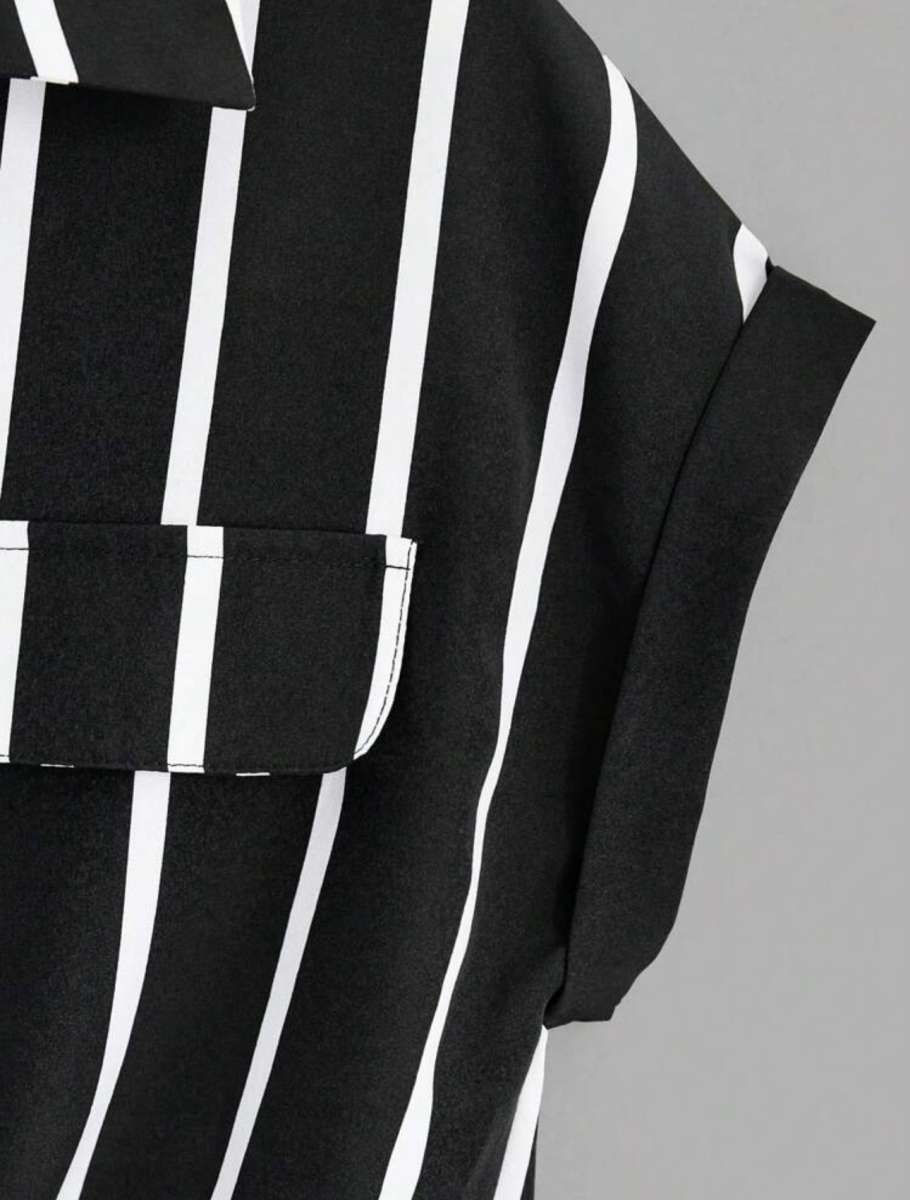 black and white Striped Print Batwing Sleeve Shirt