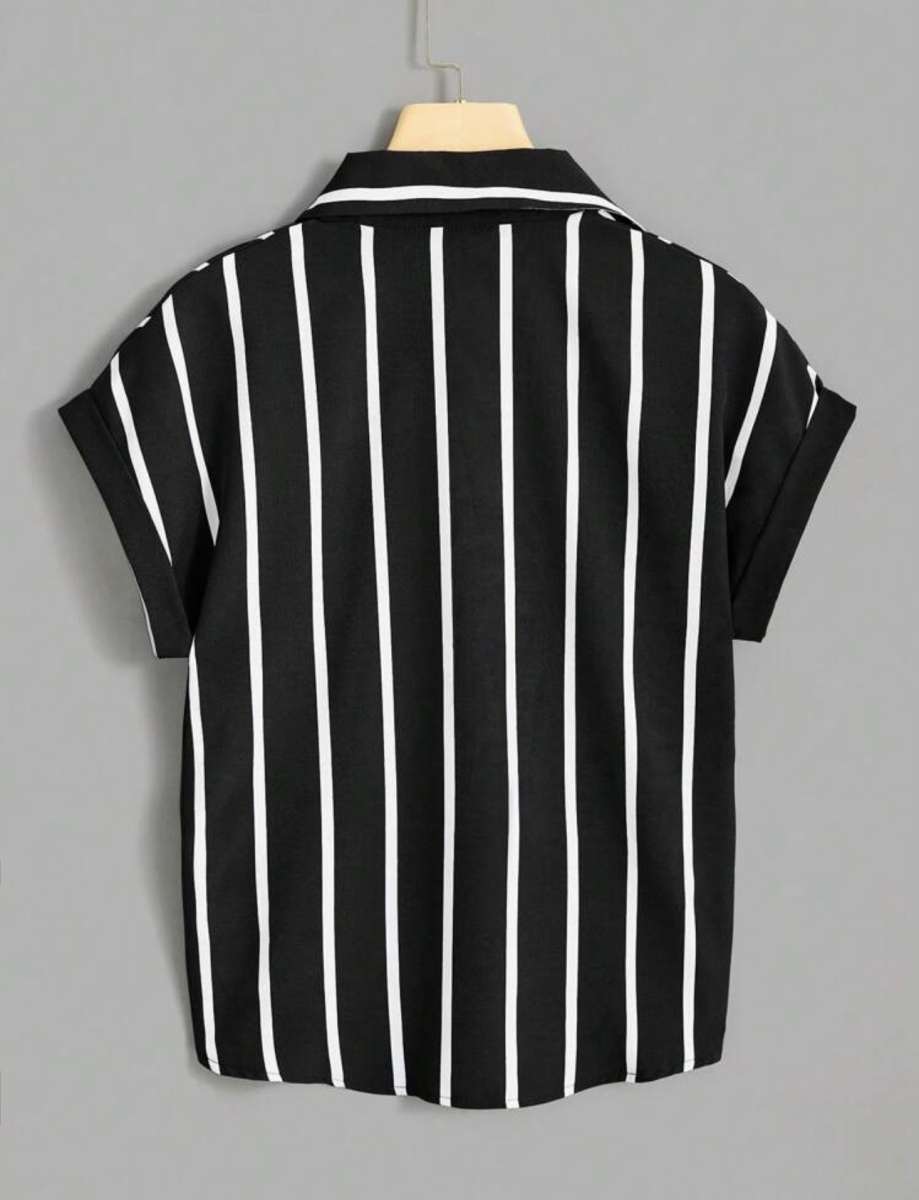 black and white Striped Print Batwing Sleeve Shirt