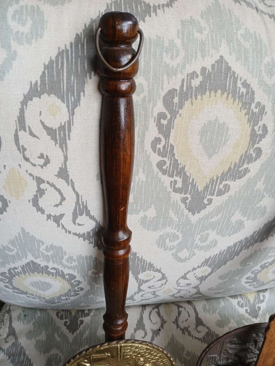 2 Vintage Bed Warmers Wall Pocket English Pub Scene Brass Wo