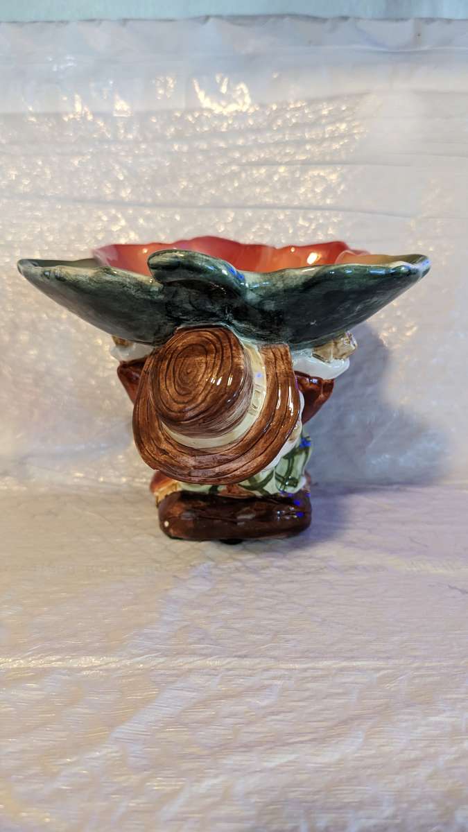 Vintage WCL Ceramic Scarecrow Holding a Leaf Dish on His Bac