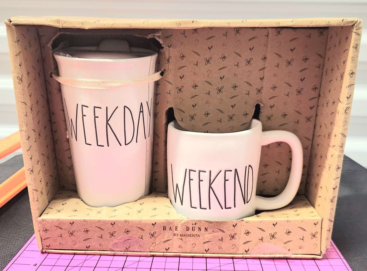 Rae Dunn Weekday Travel Tumbler  Mug Weekend Collectible Box