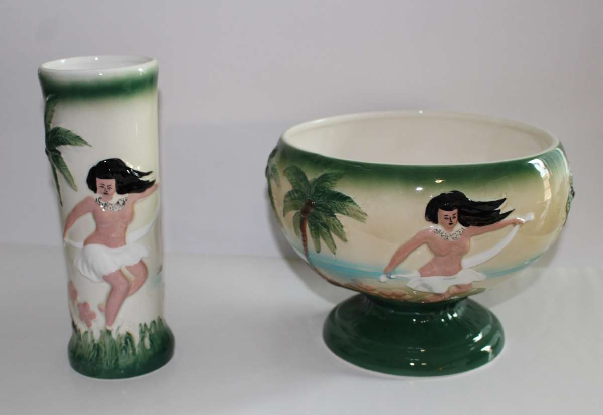 Two Vintage Sail With Harveys  Hula dancer Vase  Planter Pot