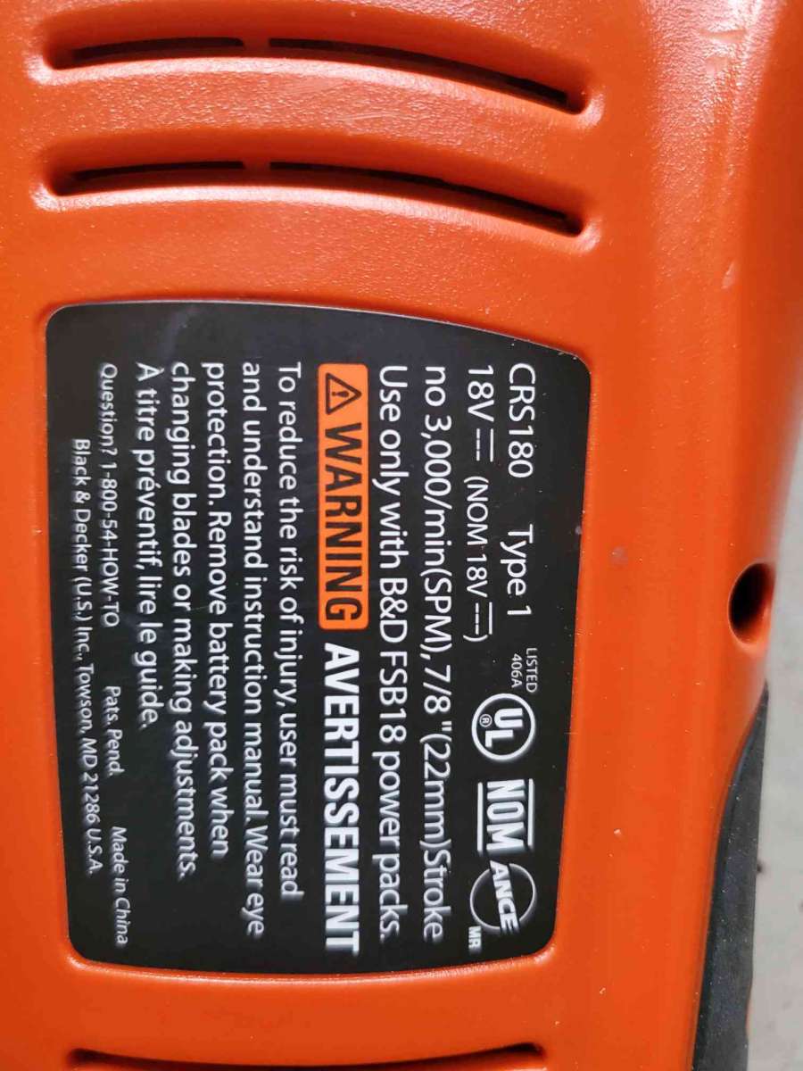 18V Reciprocating Saw  No Battery Or Charger  Black  Decker