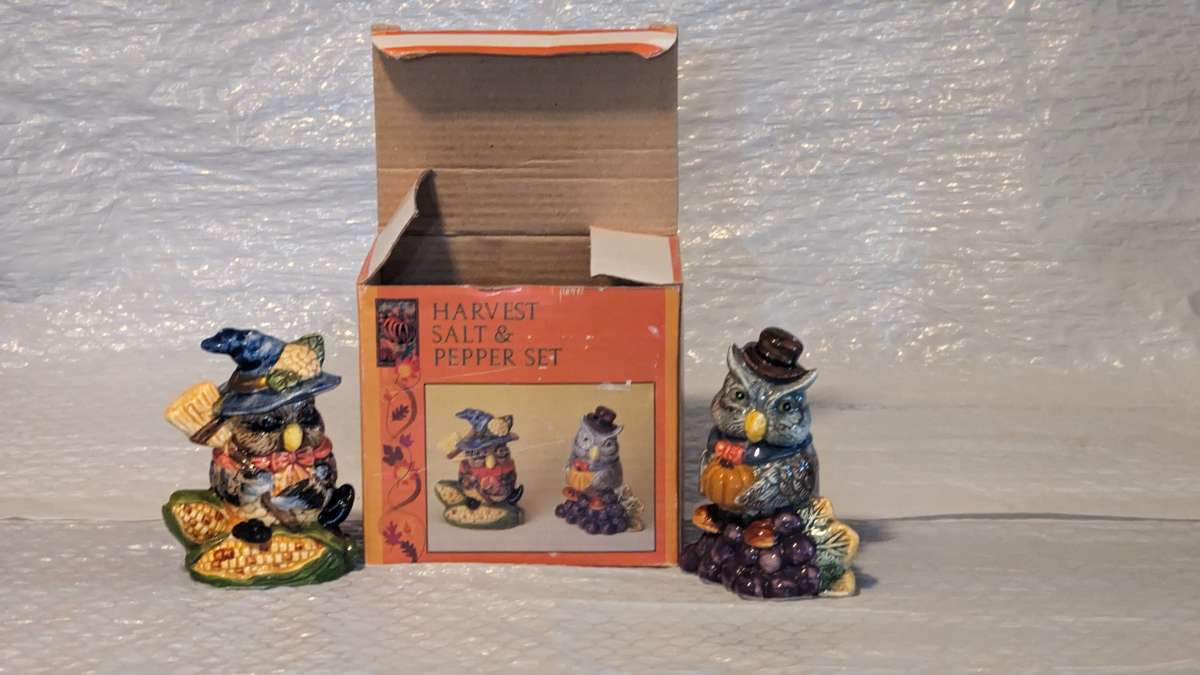 Owl Harvest Salt and Pepper Set Ceramic In Original Box