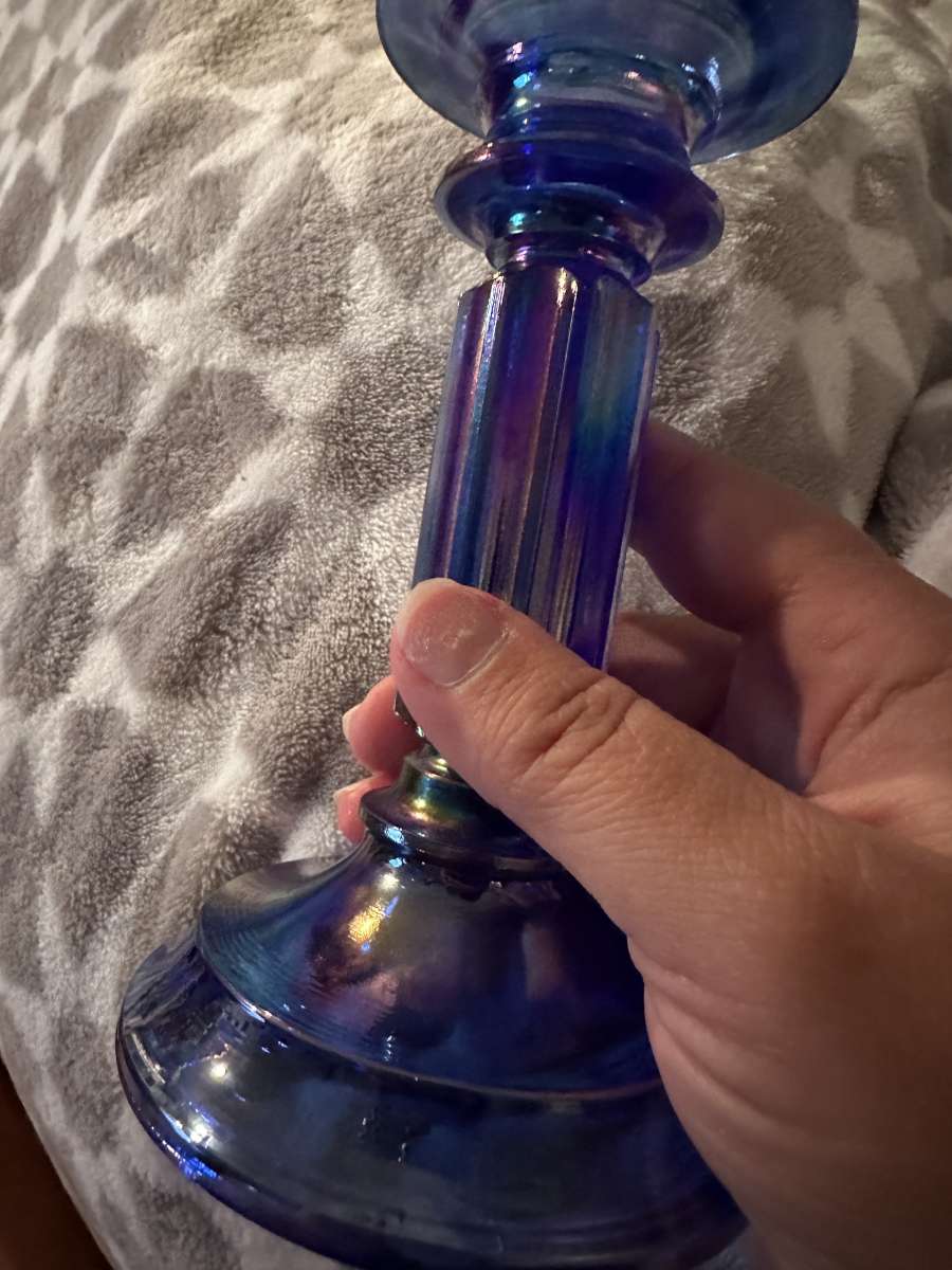 blue iridescent glass candle holders