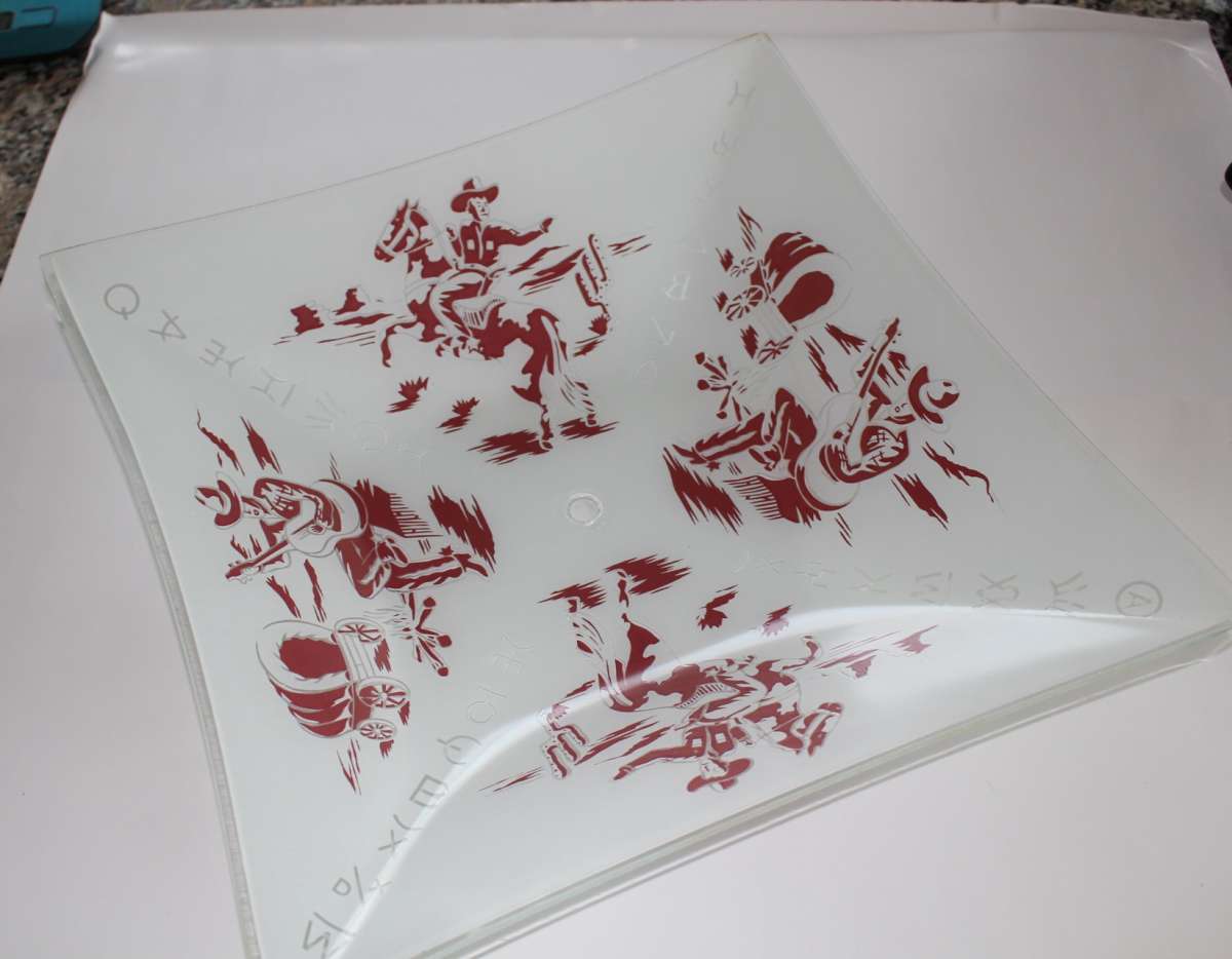 Vintage Hand Painted Glass Cowboy with covered wagon ceiling