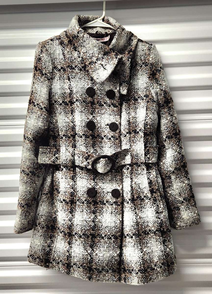 Pura Vida Brown and Grey with Gold Tinseling Plaid Peacoat