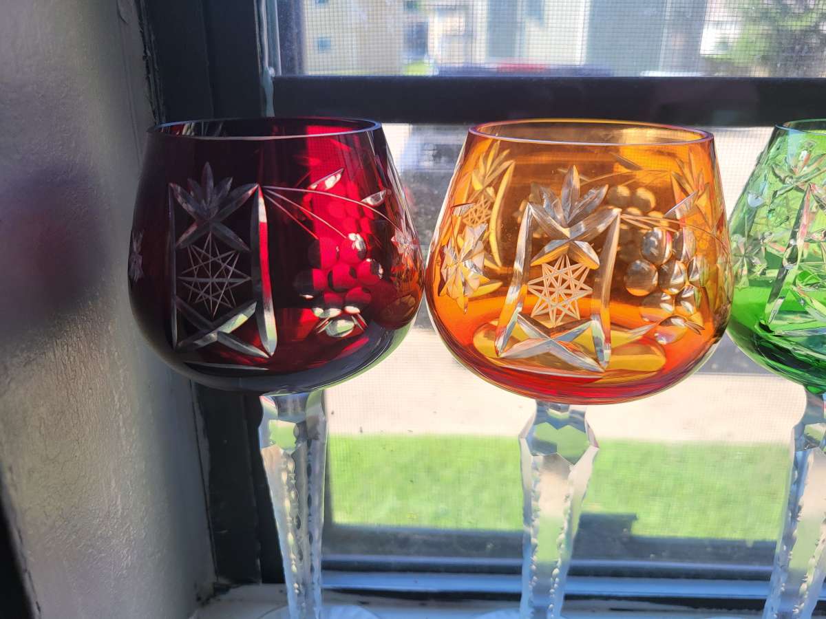 set of 6 1960s BOHEMIAN crystal cut to clear wine glasses