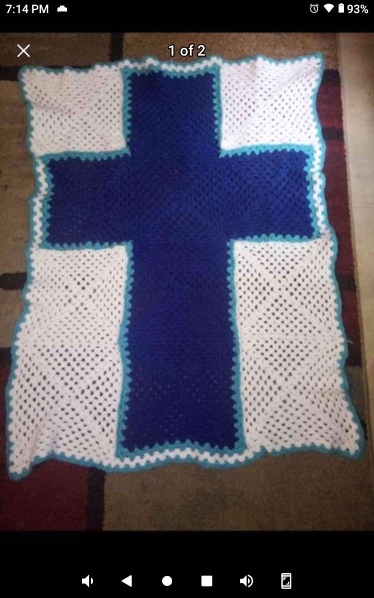 handmade crochet blue cross baby blanket