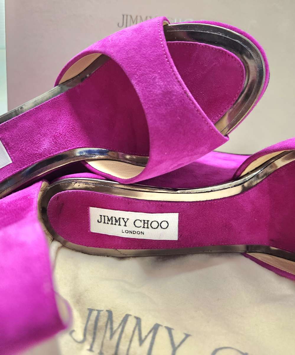 Jimmy CHOO Preloved Fushia Suede Metallic Leather TOPAZ 5in
