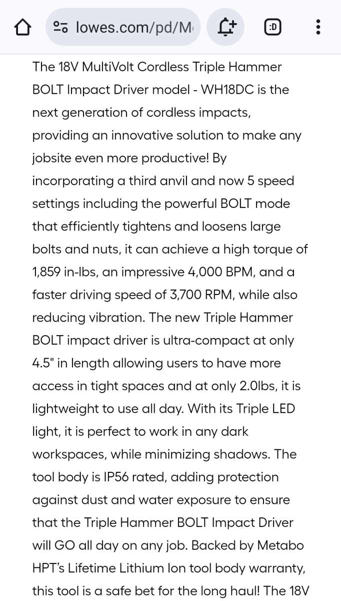 Metabo HPT 18v Cordless Impact Driver