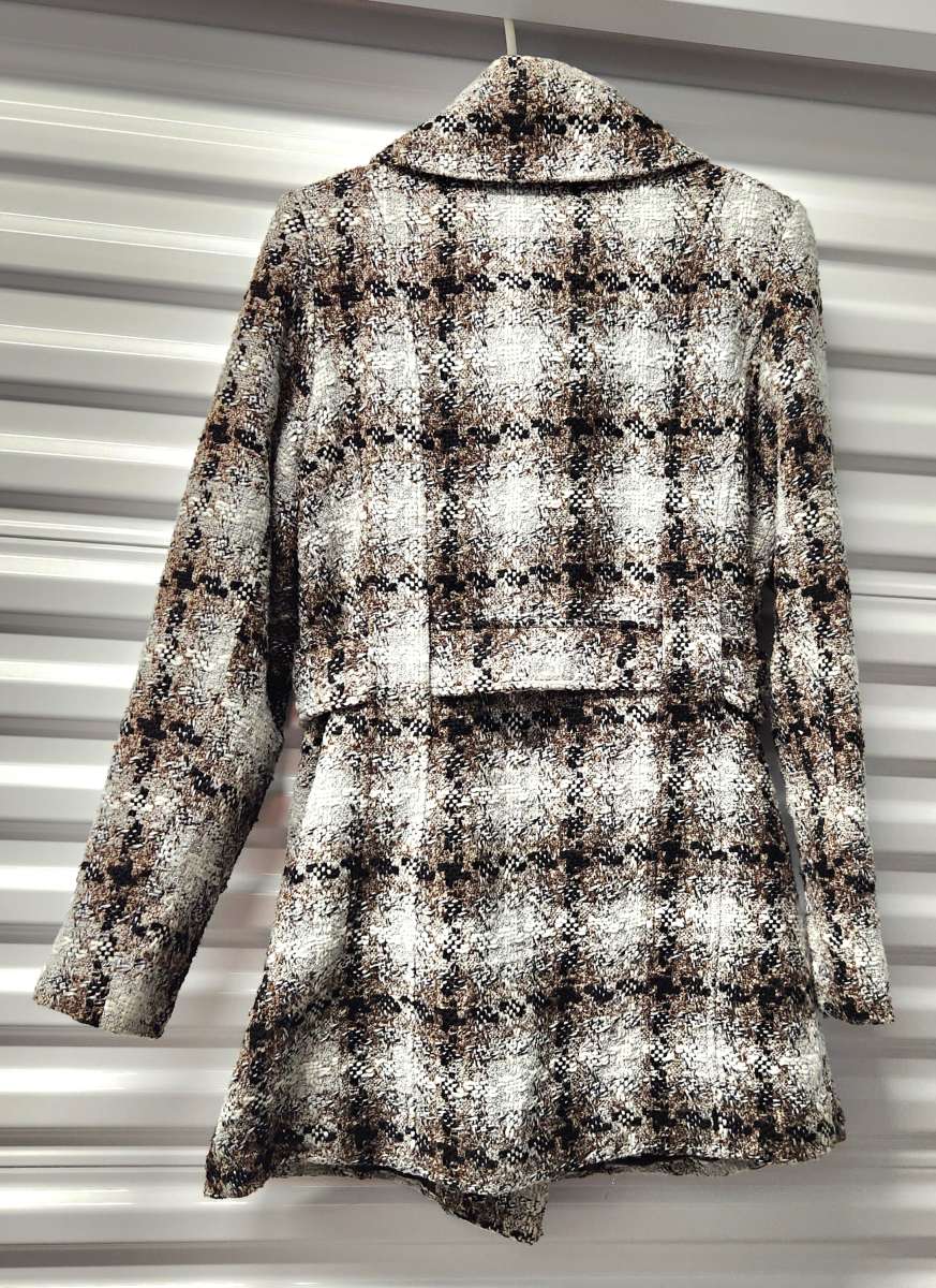 Pura Vida Brown and Grey with Gold Tinseling Plaid Peacoat