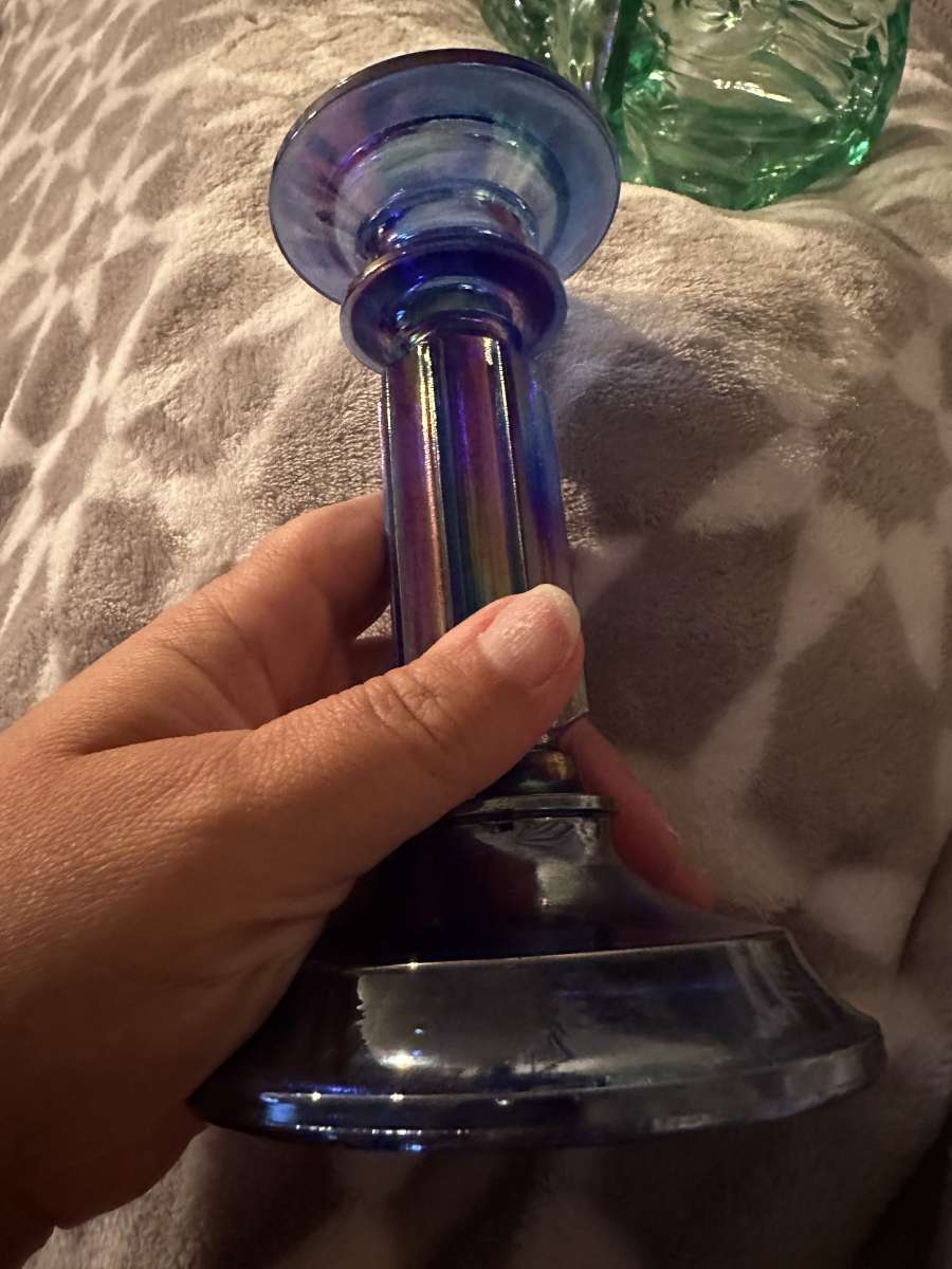 blue iridescent glass candle holders