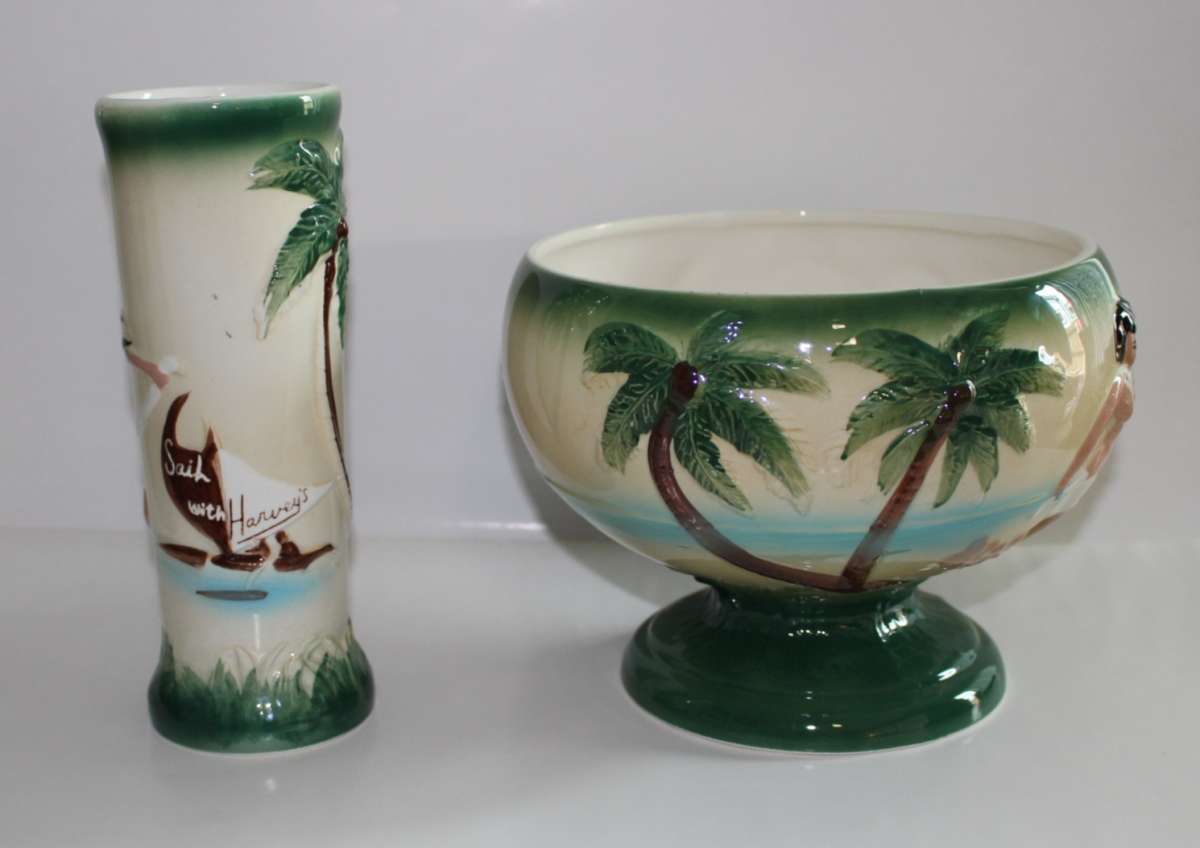 Two Vintage Sail With Harveys  Hula dancer Vase  Planter Pot