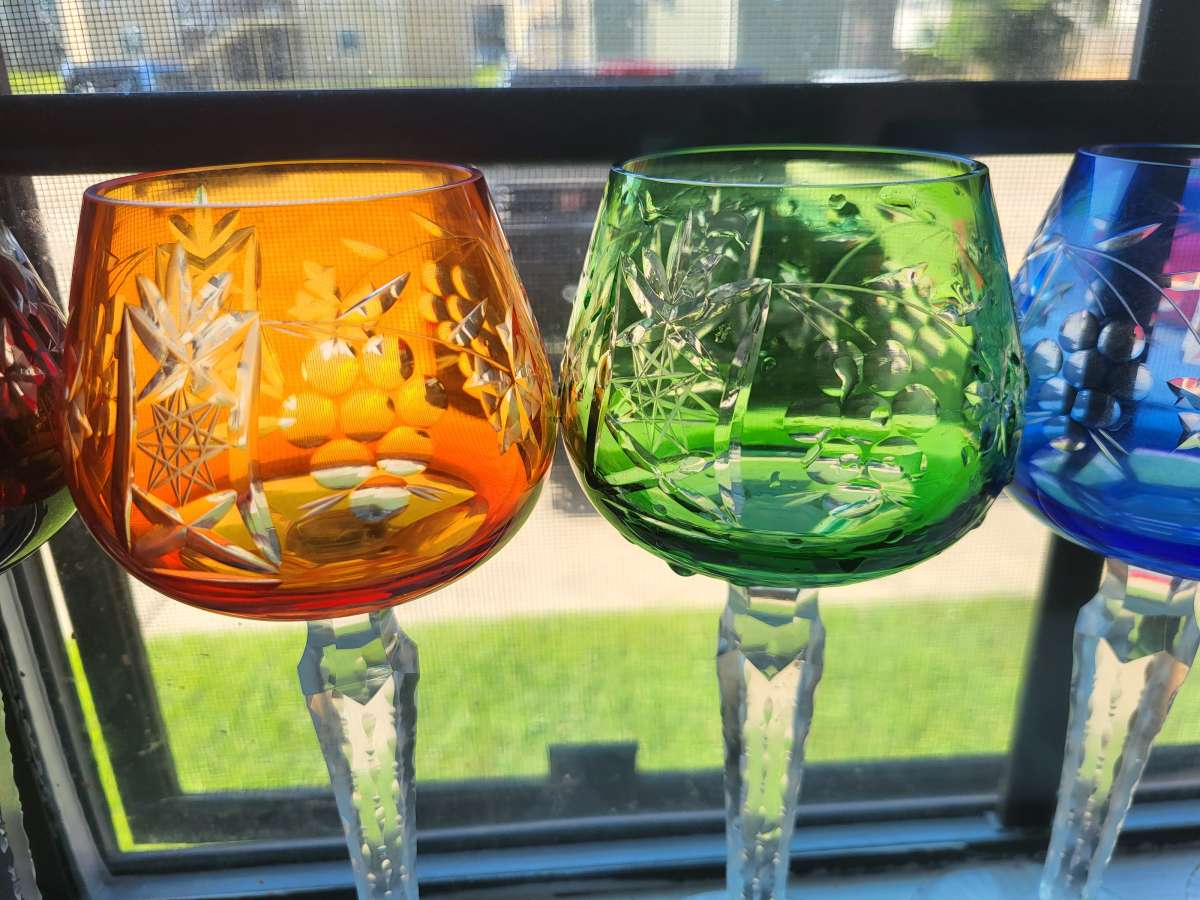 set of 6 1960s BOHEMIAN crystal cut to clear wine glasses