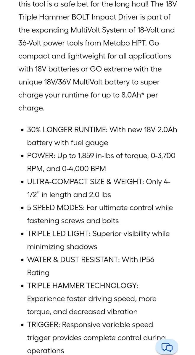 Metabo HPT 18v Cordless Impact Driver