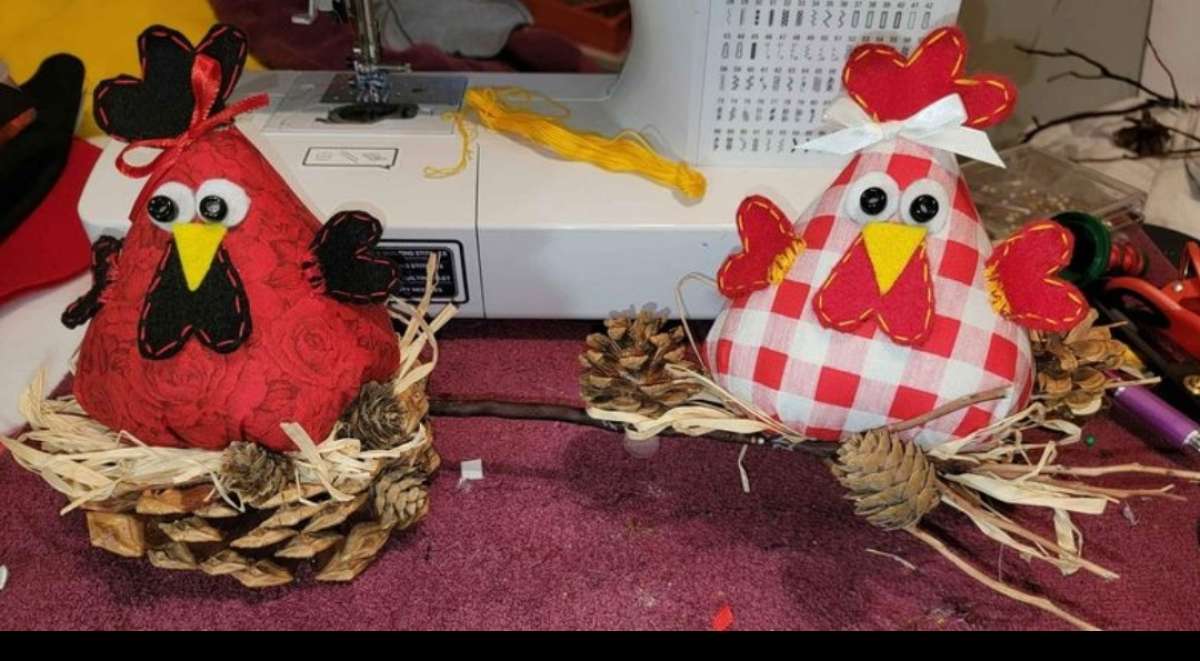 Two chickens on a perch that I made