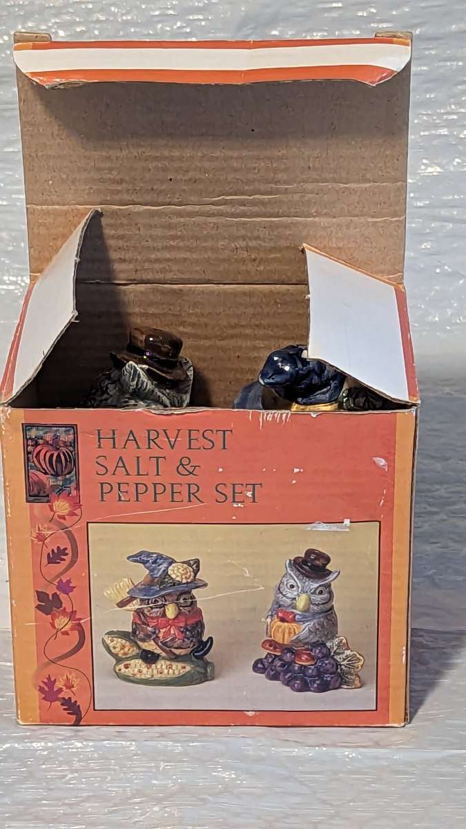 Owl Harvest Salt and Pepper Set Ceramic In Original Box