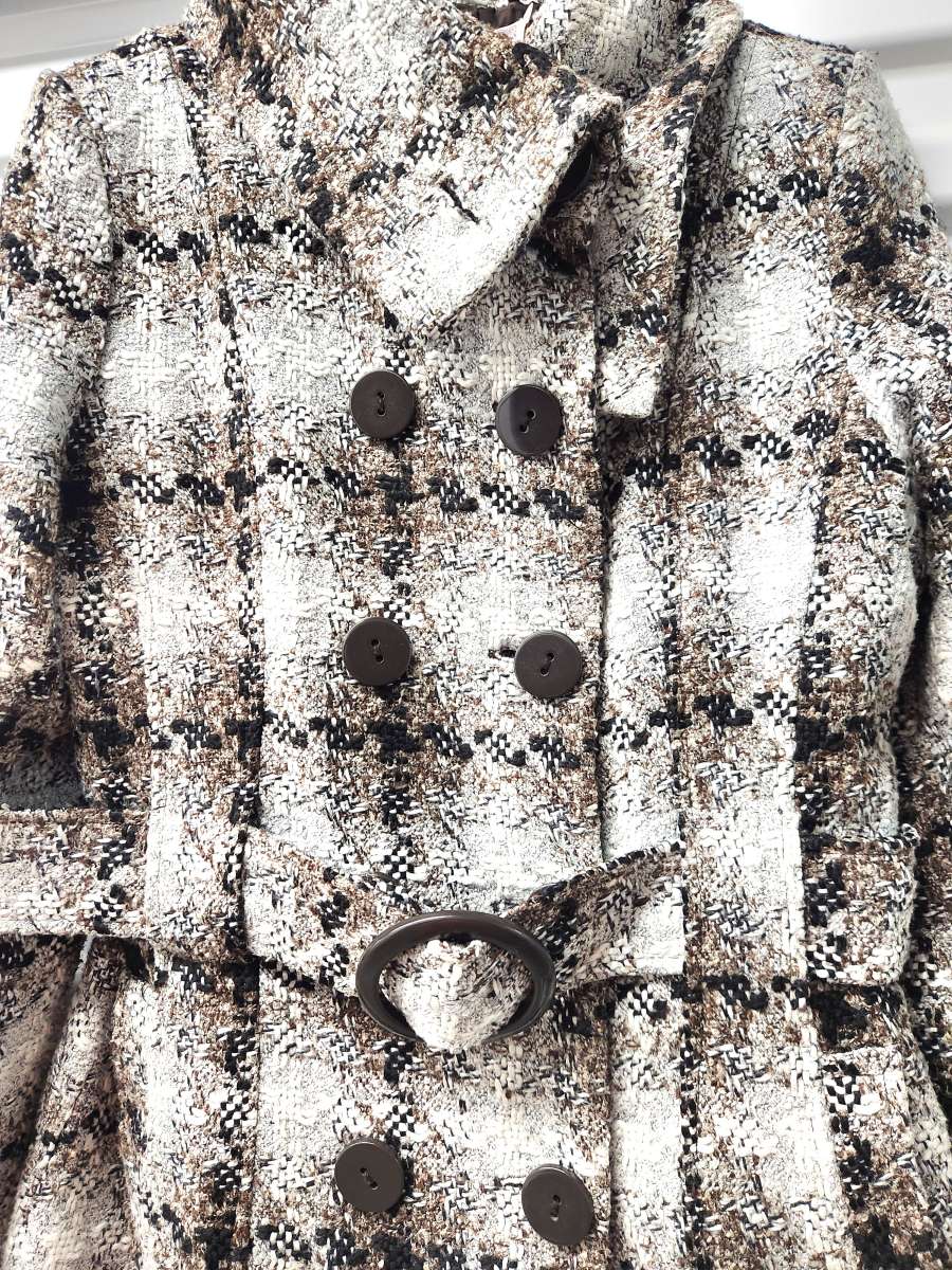 Pura Vida Brown and Grey with Gold Tinseling Plaid Peacoat