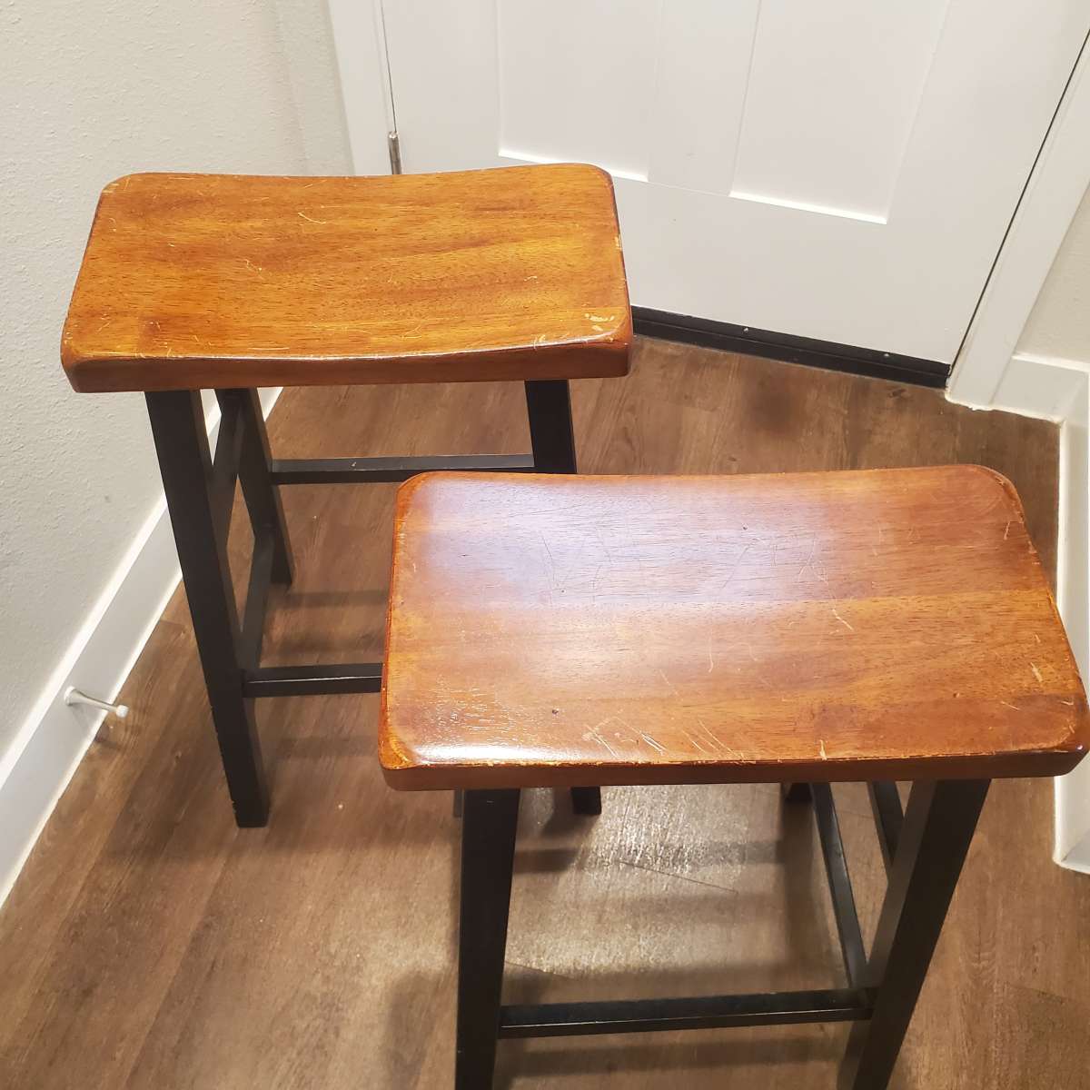 2 Wood Saddle Style Bar Stools