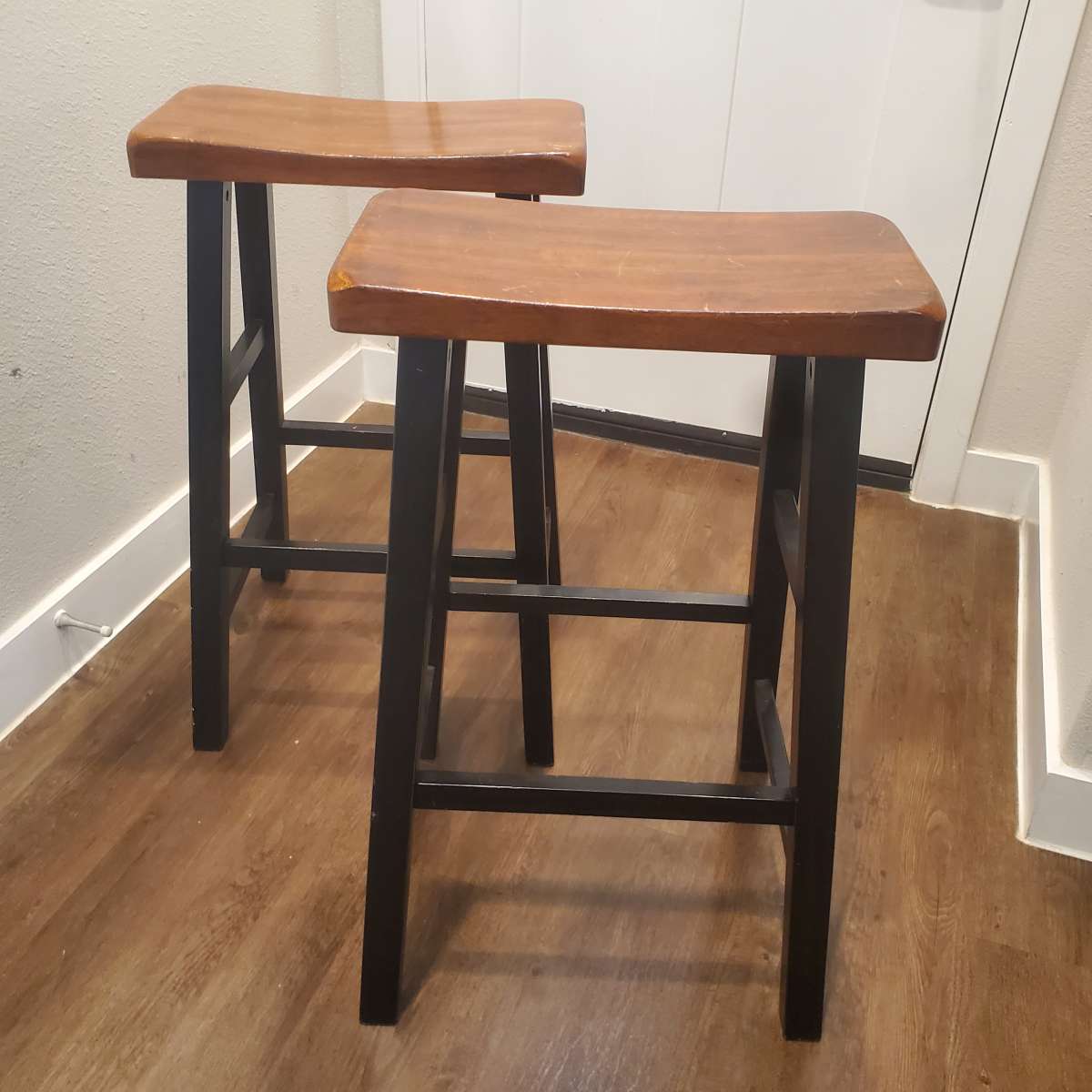 2 Wood Saddle Style Bar Stools
