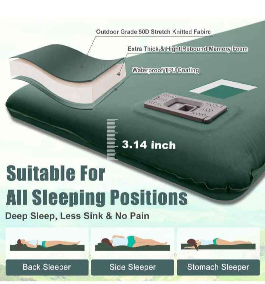 Green Self Inflating Sleeping Pad with Electric Pump
