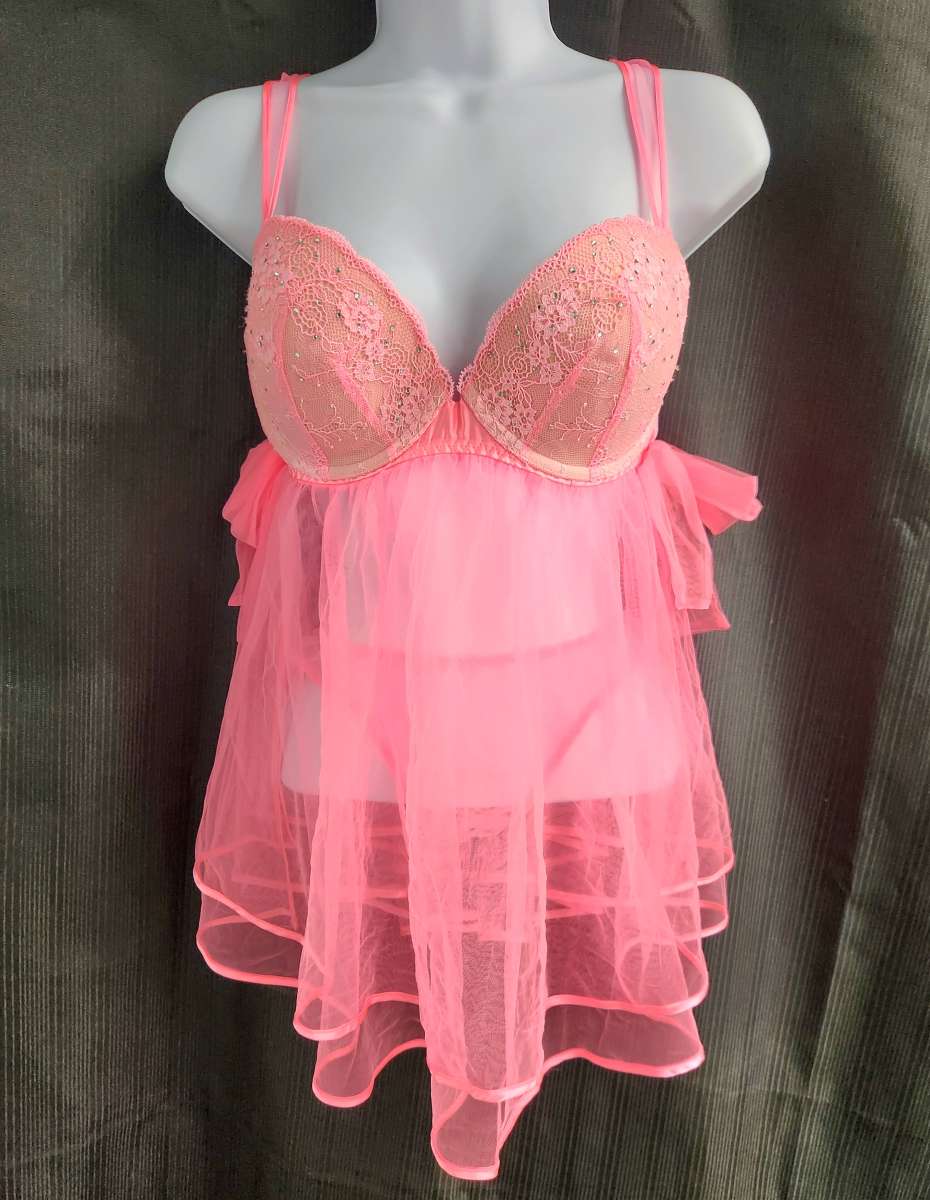Victorias Secret Neon Pink Embellished Bust Babydoll