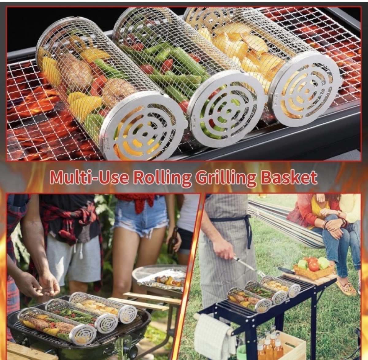 Rolling Grilling Baskets for Outdoor Grill Bbq