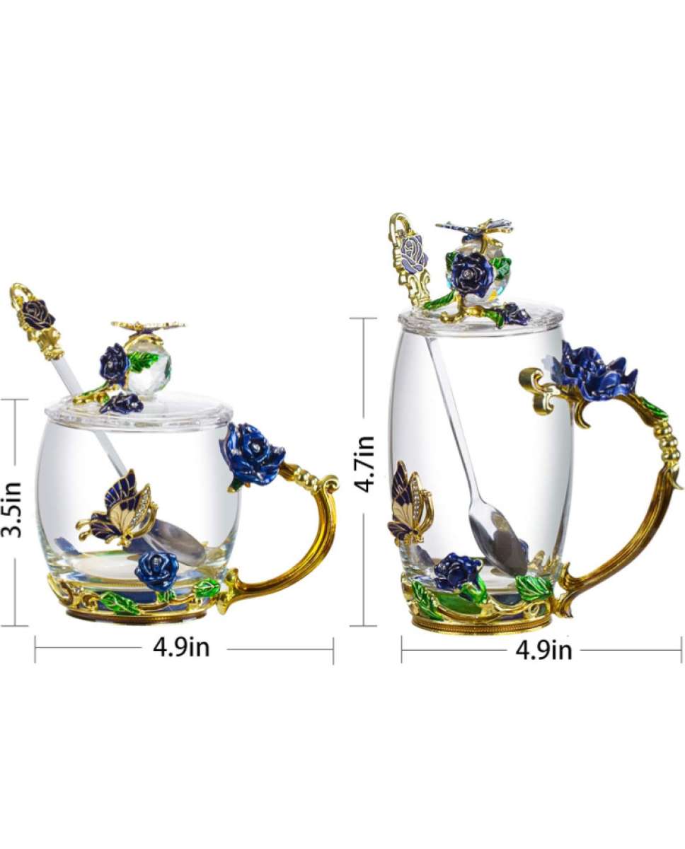 glass tea cup with lids 2pack blue rose butterfly set
