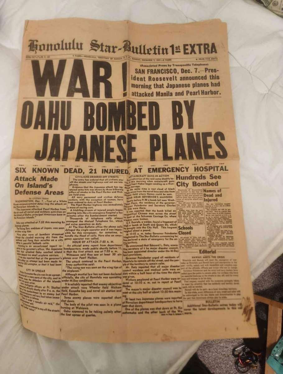 Hawaiian Newspaper printed hours after pearl harbor attack