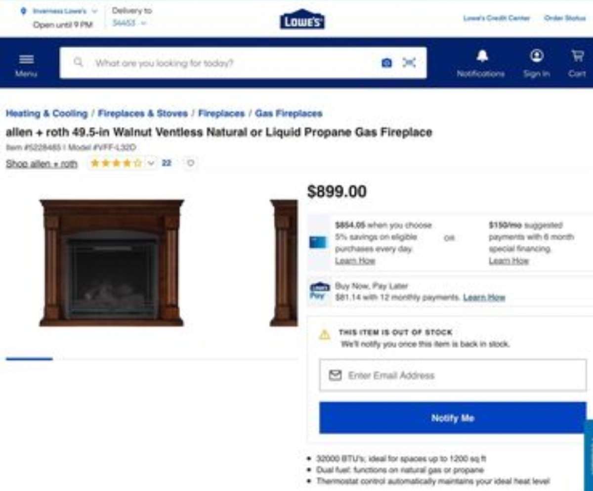 Allen Roth Vent Free Dual Fuel Fireplace