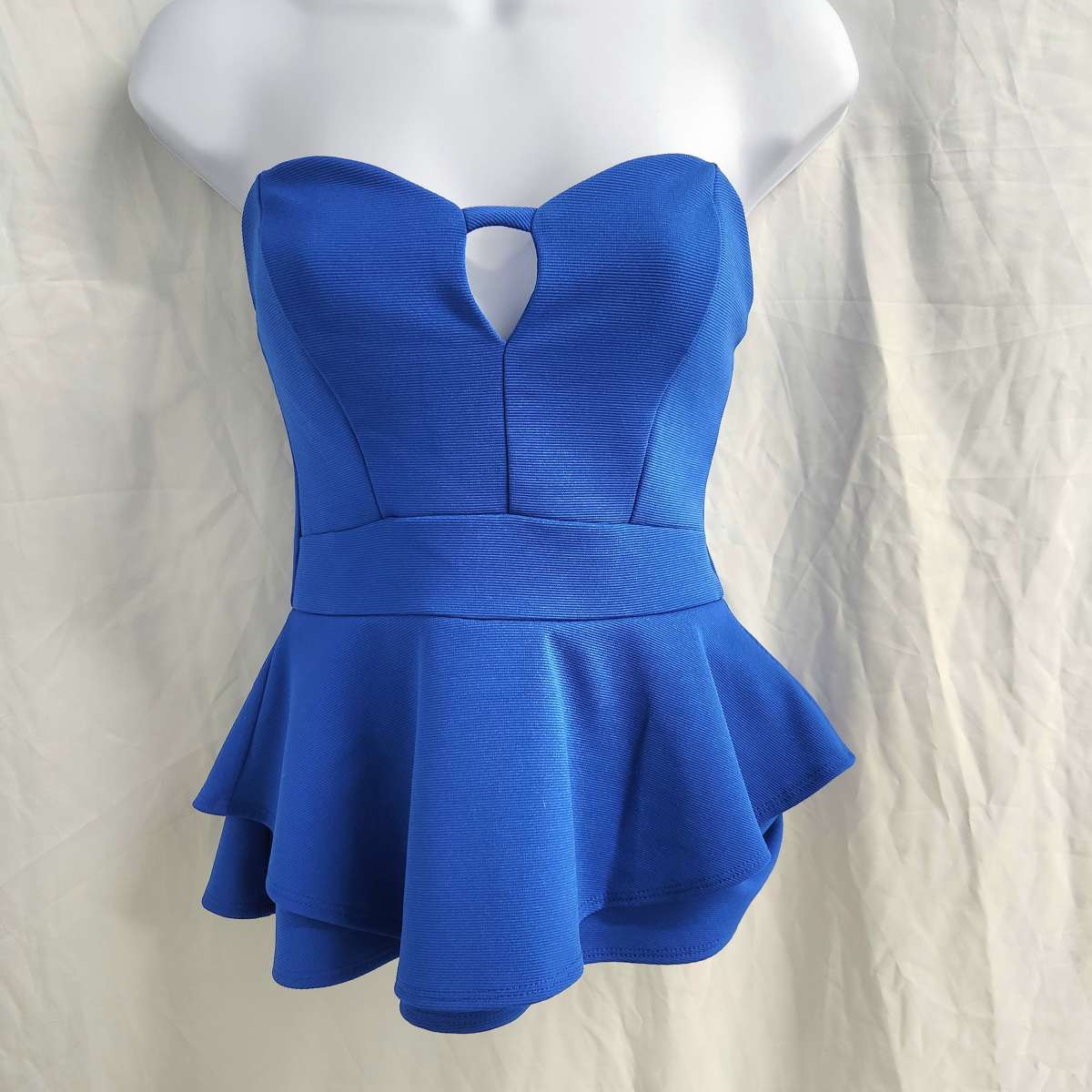 2b Bebe Electric Blue Stretch Flared Peplum Strapless Top