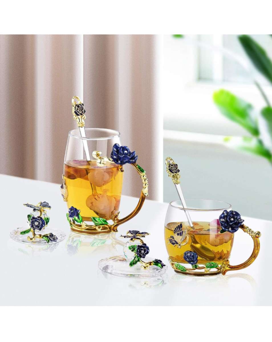 glass tea cup with lids 2pack blue rose butterfly set