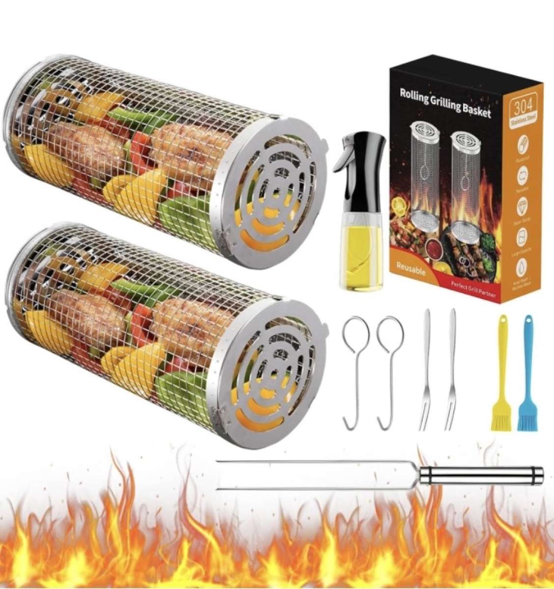 Rolling Grilling Baskets for Outdoor Grill Bbq