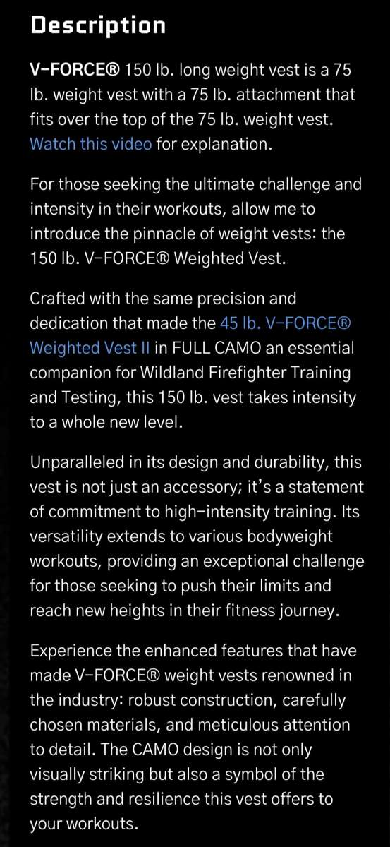 V Force 150 Pounds long weight training vest