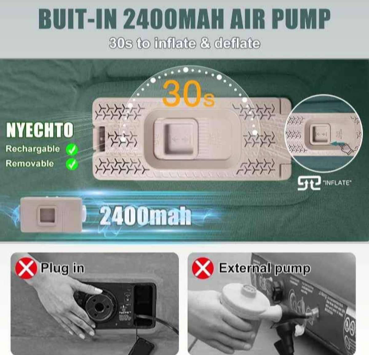 Green Self Inflating Sleeping Pad with Electric Pump