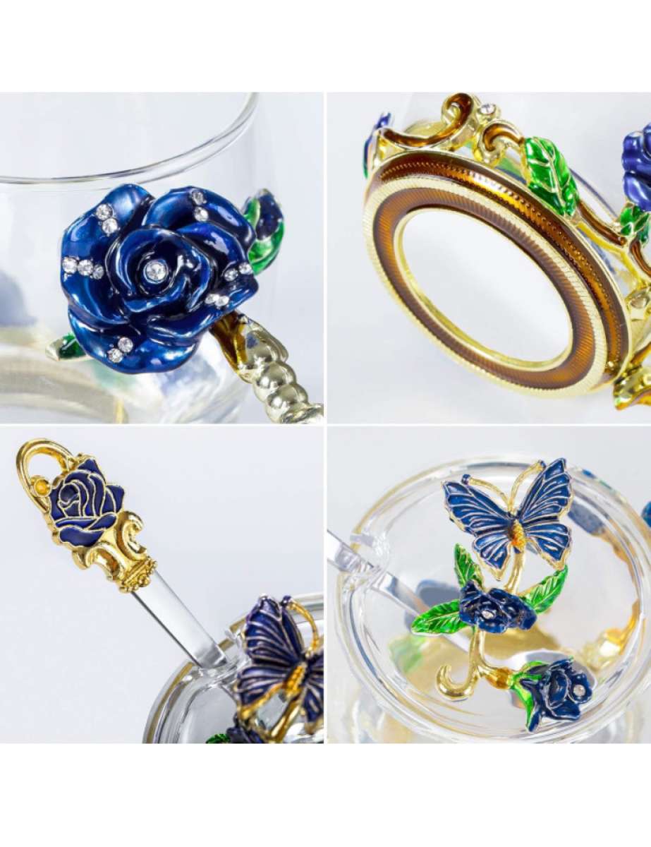 glass tea cup with lids 2pack blue rose butterfly set